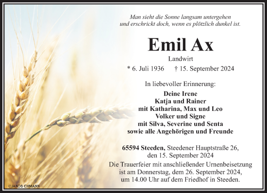 Traueranzeige von Emil Ax von Nassauische Neue Presse