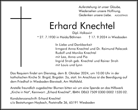 Traueranzeige von Erhard Knechtel von Wiesbadener Kurier