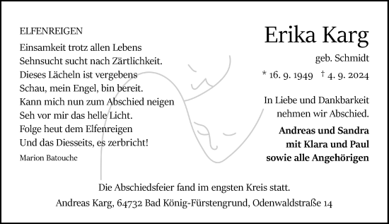 Traueranzeige von Erika Karg von Odenwälder Echo
