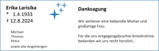 Traueranzeige von Erika Larisika von Allgemeine Zeitung Mainz