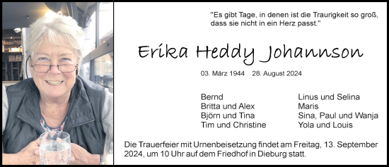 Traueranzeige von Erika Heddy Johannson von Dieburger Anzeiger/Groß-Zimmerner Lokal-Anzeiger