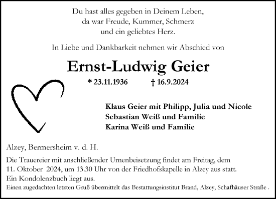Traueranzeige von Ernst Ludwig Geier von Allgemeine Zeitung Alzey