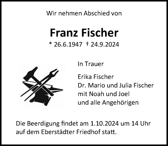 Traueranzeige von Franz Fischer von Darmstädter Echo