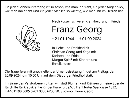 Traueranzeige von Franz Georg von Dieburger Anzeiger/Groß-Zimmerner Lokal-Anzeiger