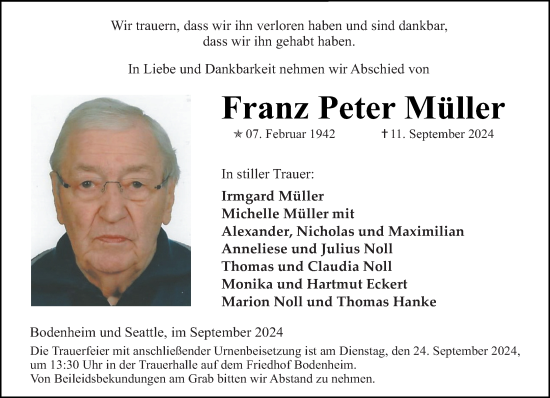 Traueranzeige von Franz Peter Müller von Allgemeine Zeitung Mainz