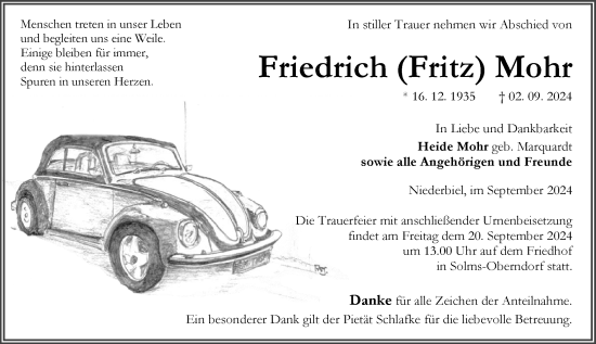 Traueranzeige von Friedrich Mohr von Wetzlarer Neue Zeitung