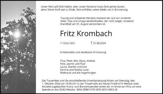 Traueranzeige von Fritz Krombach von Wetzlarer Neue Zeitung