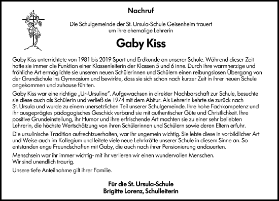 Traueranzeige von Gaby Kiss von Rheingau Kurier