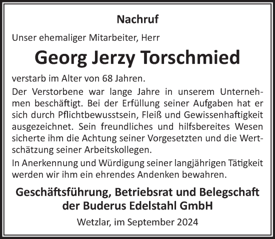Traueranzeige von Georg Jerzy Torschmied von Wetzlarer Neue Zeitung