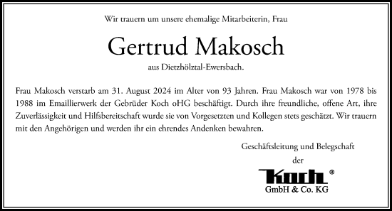 Traueranzeige von Gertrud Makosch von Dill Block