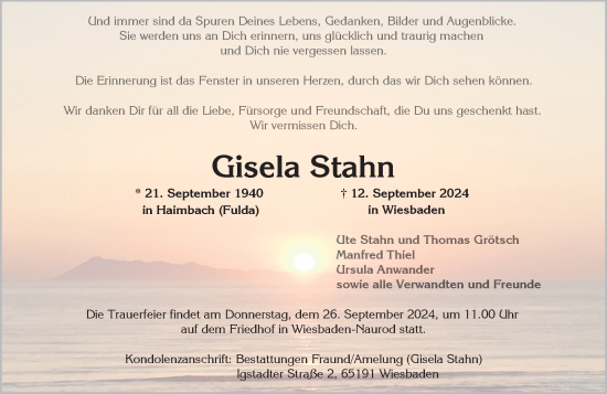 Traueranzeige von Gisela Stahn von Wiesbadener Kurier