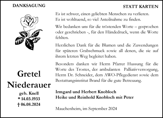 Traueranzeige von Gretel Niederauer von Allgemeine Zeitung Alzey