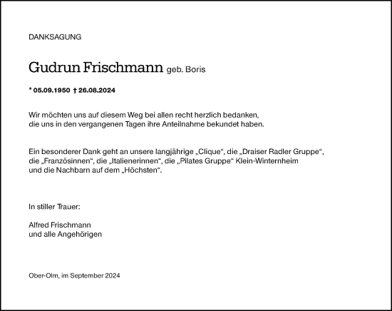 Traueranzeige von Gudrun Frischmann von Allgemeine Zeitung Mainz