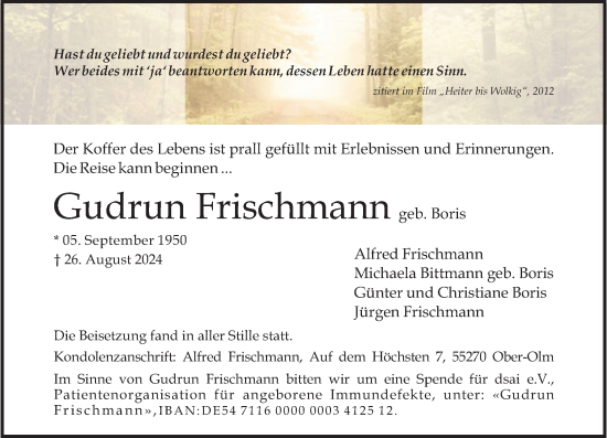 Traueranzeige von Gudrun Frischmann von Allgemeine Zeitung Mainz