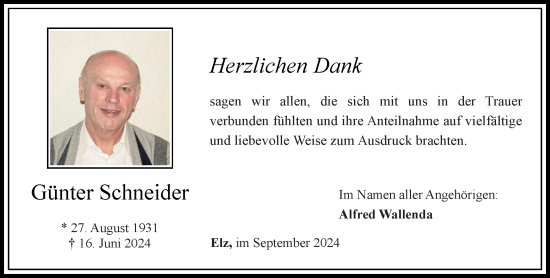Traueranzeige von Günther Schneider von Nassauische Neue Presse