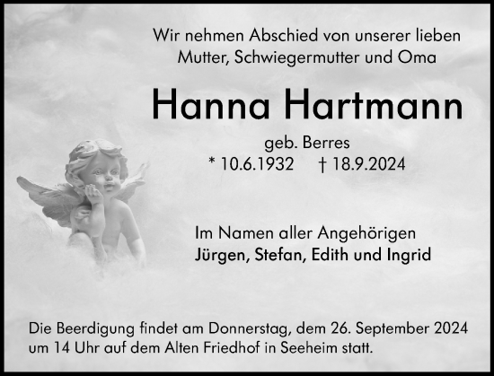 Traueranzeige von Hanna Hartmann von Darmstädter Echo