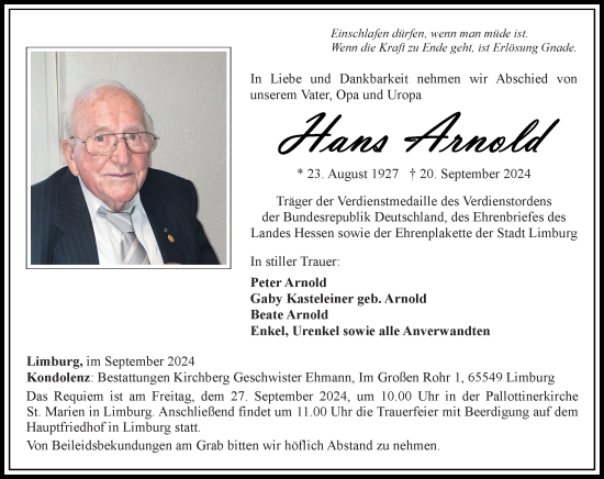 Traueranzeige von Hans Arnold von Nassauische Neue Presse