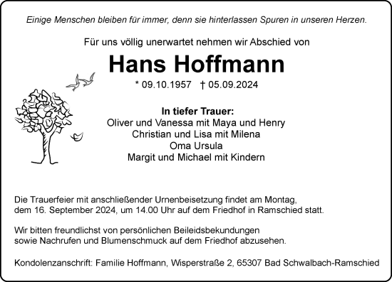 Traueranzeige von Hans-Joachim Hoffmann von Wiesbadener Kurier
