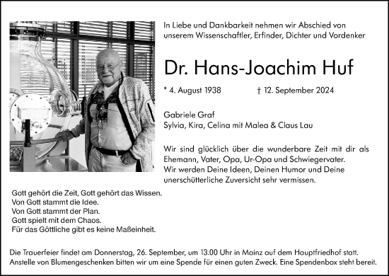Traueranzeige von Hans-Joachim Huf von Allgemeine Zeitung Mainz