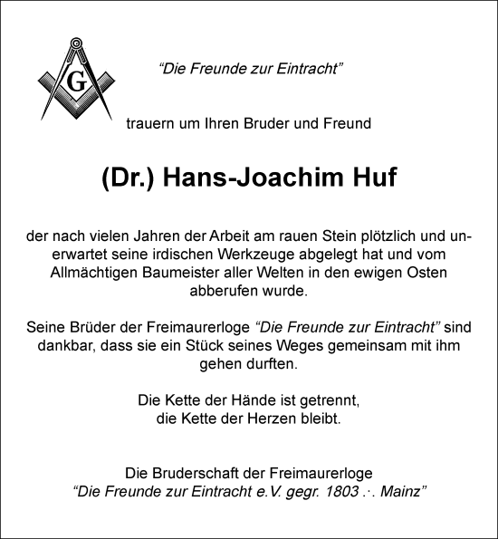 Traueranzeige von Hans-Joachim Huf von Allgemeine Zeitung Mainz