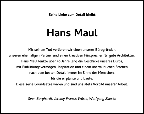 Traueranzeige von Hans Maul von Wiesbadener Kurier