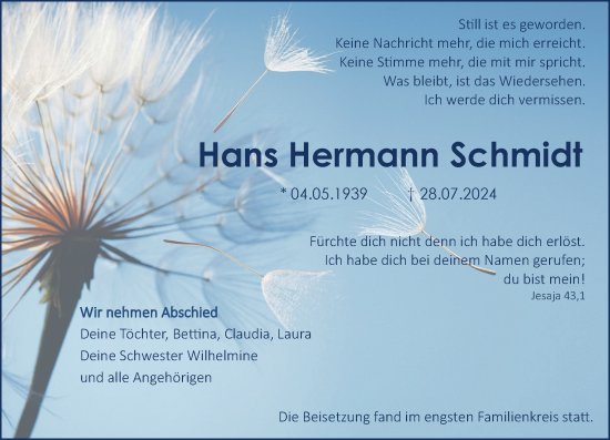 Traueranzeige von Hans Hermann Schmidt von Allgemeine Zeitung Alzey