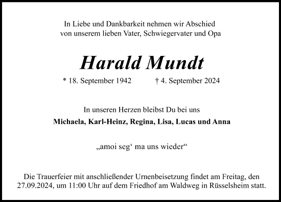 Traueranzeige von Harald Mundt von Rüsselsheimer Echo