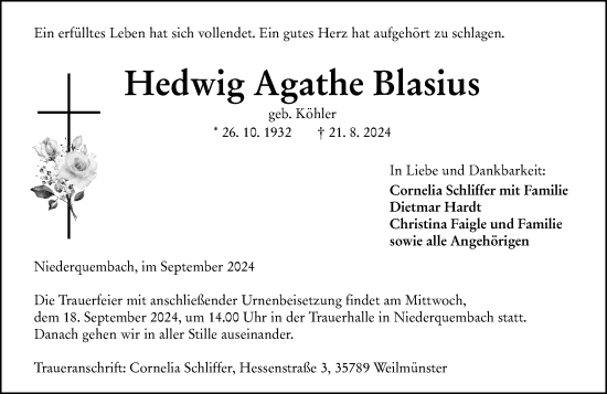 Traueranzeige von Hedwig Agathe Blasius von Weilburger Tageblatt