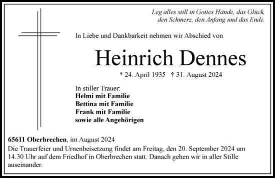 Traueranzeige von Heinrich Dennes von Camberger Anzeiger