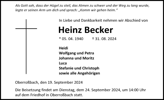 Traueranzeige von Heinz Becker von Dill Block