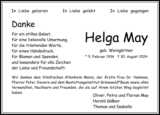 Traueranzeige von Helga May von Allgemeine Zeitung Mainz