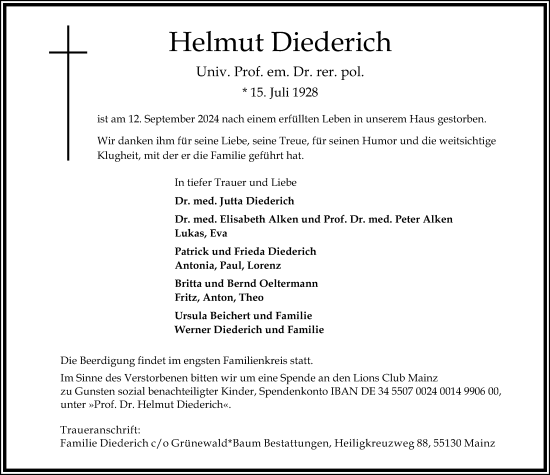 Traueranzeige von Helmut Diederich von Allgemeine Zeitung Mainz