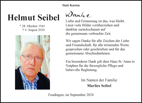 Traueranzeige von Helmut Seibel von Hinterländer Anzeiger