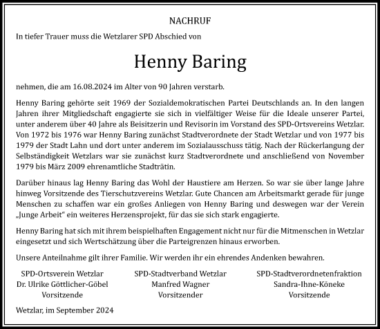 Traueranzeige von Henny Baring von Wetzlarer Neue Zeitung