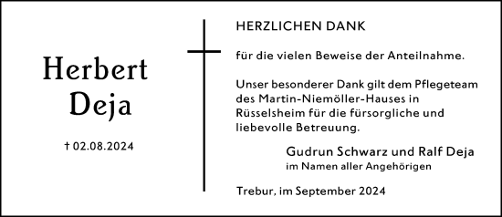 Traueranzeige von Herbert Deja von Dieburger Anzeiger/Groß-Zimmerner Lokal-Anzeiger