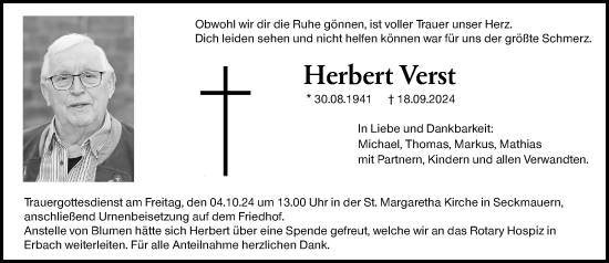 Traueranzeige von Herbert Vent von Odenwälder Echo