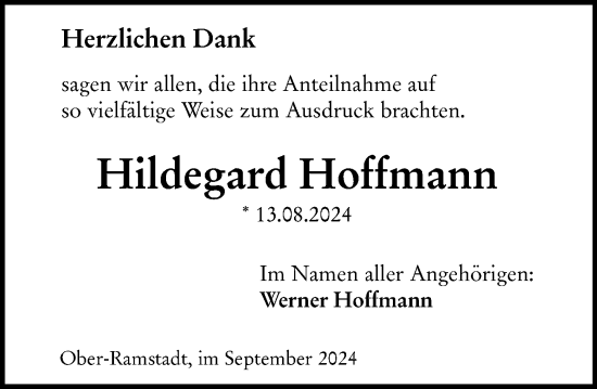 Traueranzeige von Hildegard Hoffmann von Darmstädter Echo