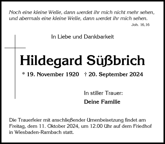 Traueranzeige von Hildegard Süßbrich von Wiesbadener Kurier