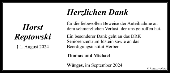 Traueranzeige von Horst Reptowski von Wiesbadener Kurier