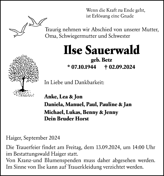 Traueranzeige von Ilse Sauerwald von Dill Block