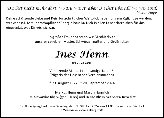Traueranzeige von Ines Henn von Wiesbadener Kurier