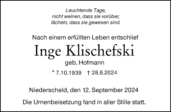 Traueranzeige von Inge Klischefski von Dill Block