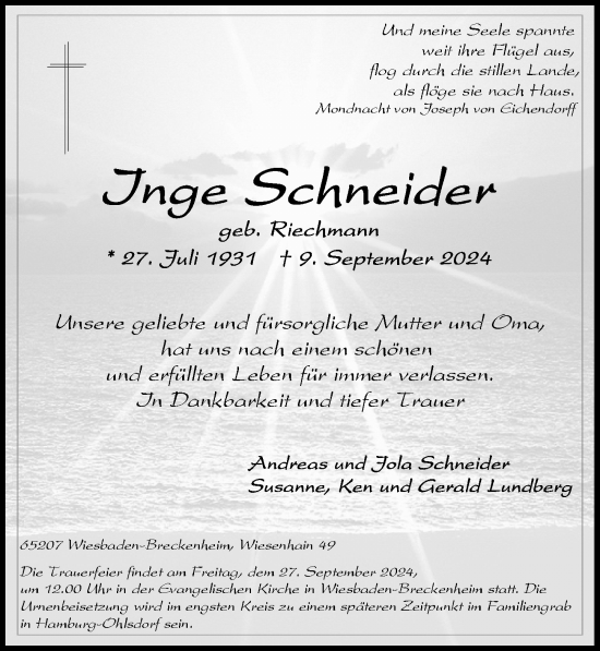 Traueranzeige von Inge Schneider von Wiesbadener Kurier