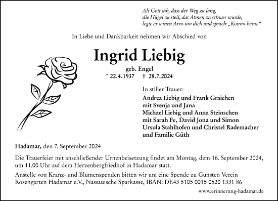 Traueranzeige von Ingrid Liebig von Nassauische Neue Presse