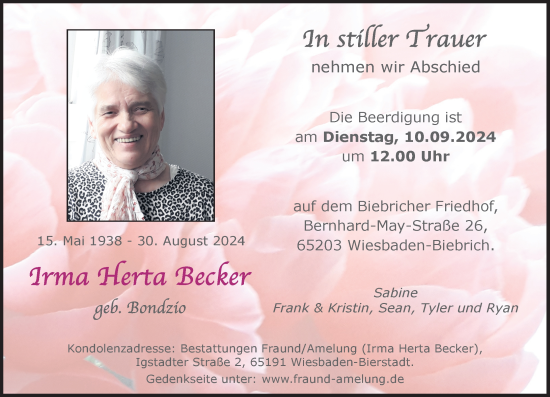 Traueranzeige von Irma Herta Becker von Wiesbadener Kurier