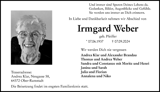 Traueranzeige von Irmgard Weber von Darmstädter Echo