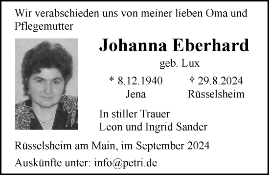 Traueranzeige von Johanna Eberhardt von Rüsselsheimer Echo