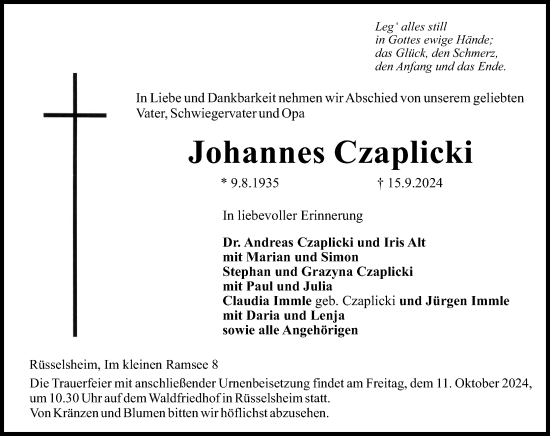 Traueranzeige von Johannes Czaplicki von Rüsselsheimer Echo