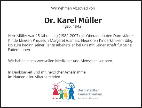 Traueranzeige von Karel Müller von Darmstädter Echo