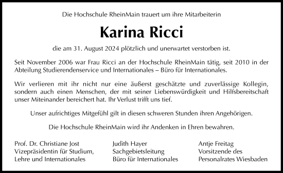 Traueranzeige von Karina Ricci von Wiesbadener Kurier